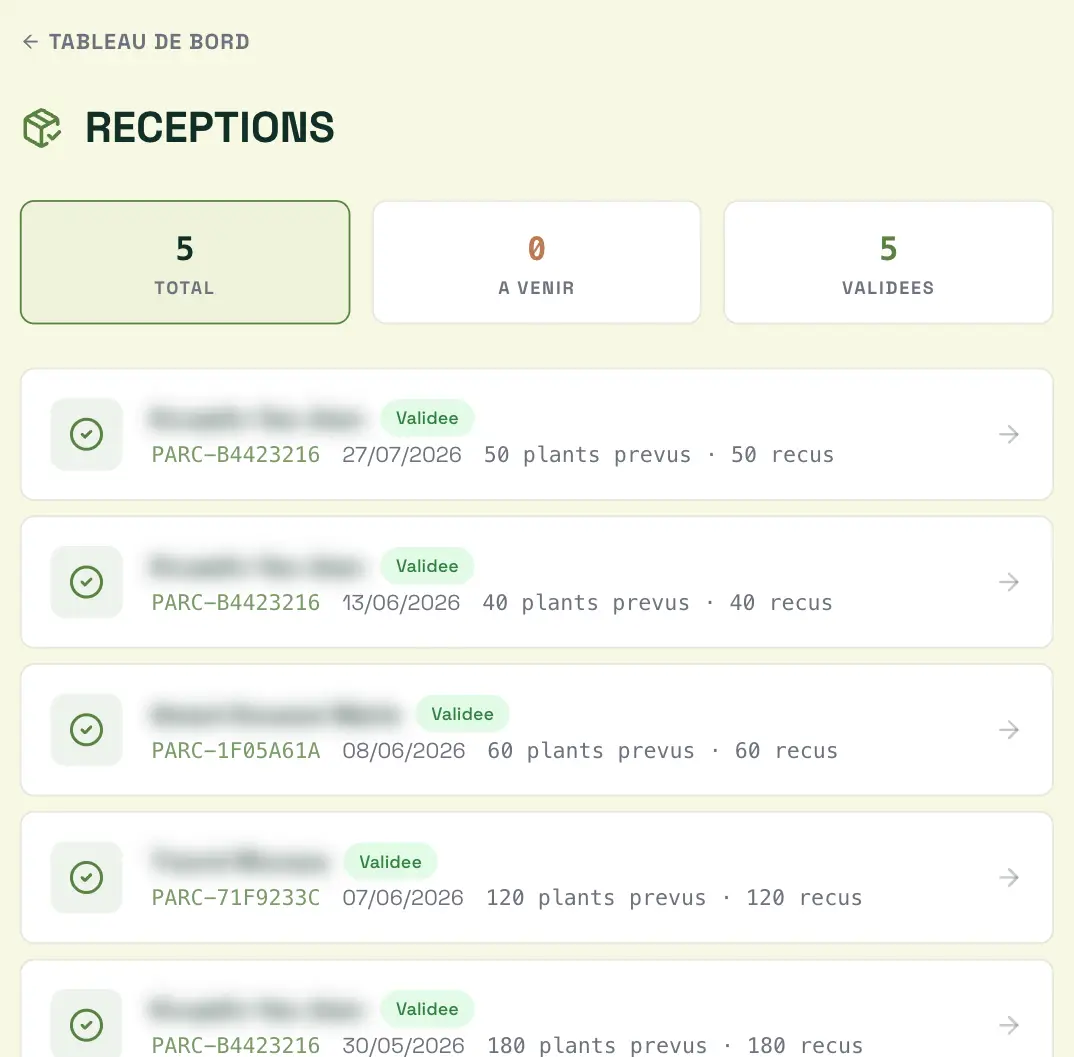 Écran de l’application Theo listant des réceptions de plants validées