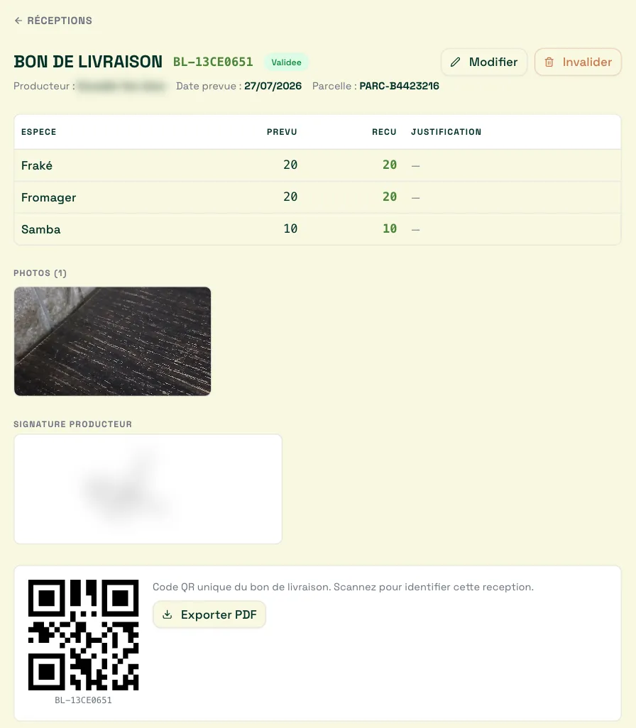 Bon de livraison dans Theo : espèces reçues, photo, signature du producteur et code QR