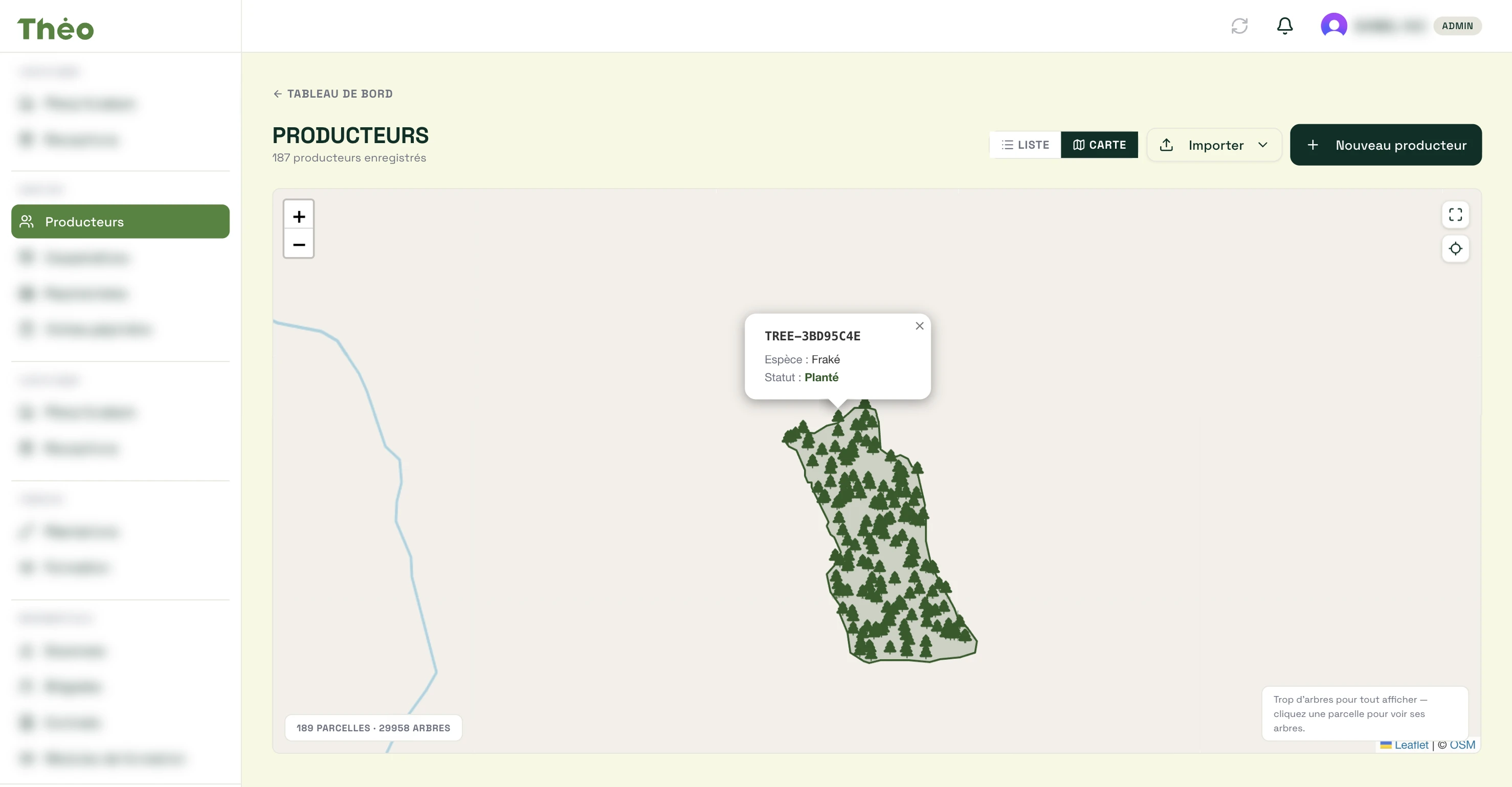 Capture de Theo : carte d’une parcelle et de ses arbres dans l’espace Producteurs