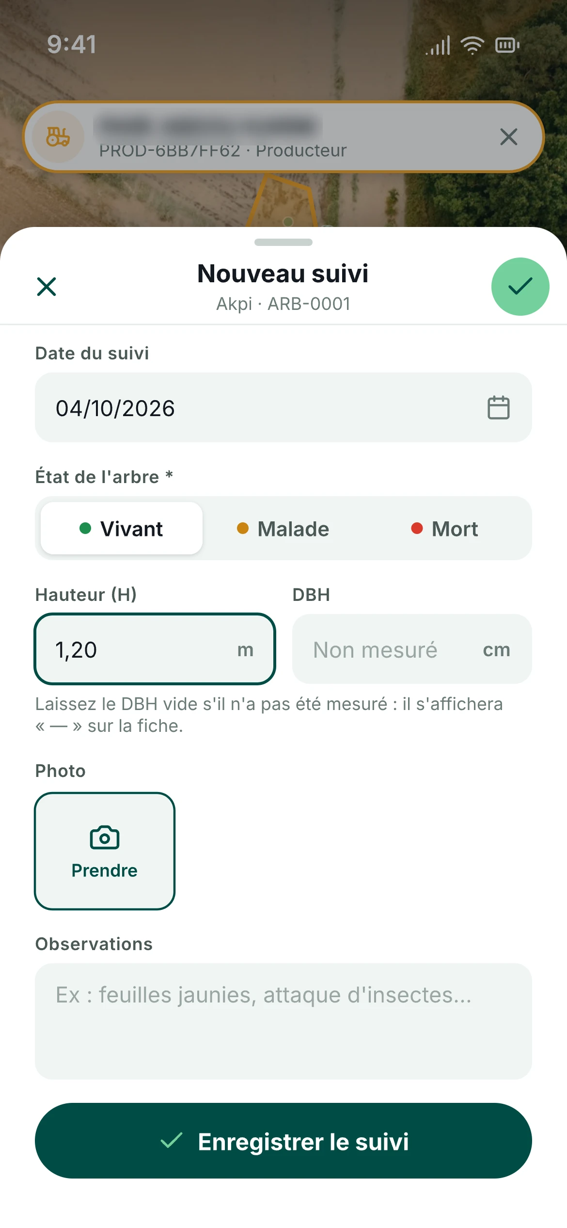 Écran « Nouveau suivi » de l’application mobile Theo : date, état de l’arbre, hauteur, diamètre et photo
